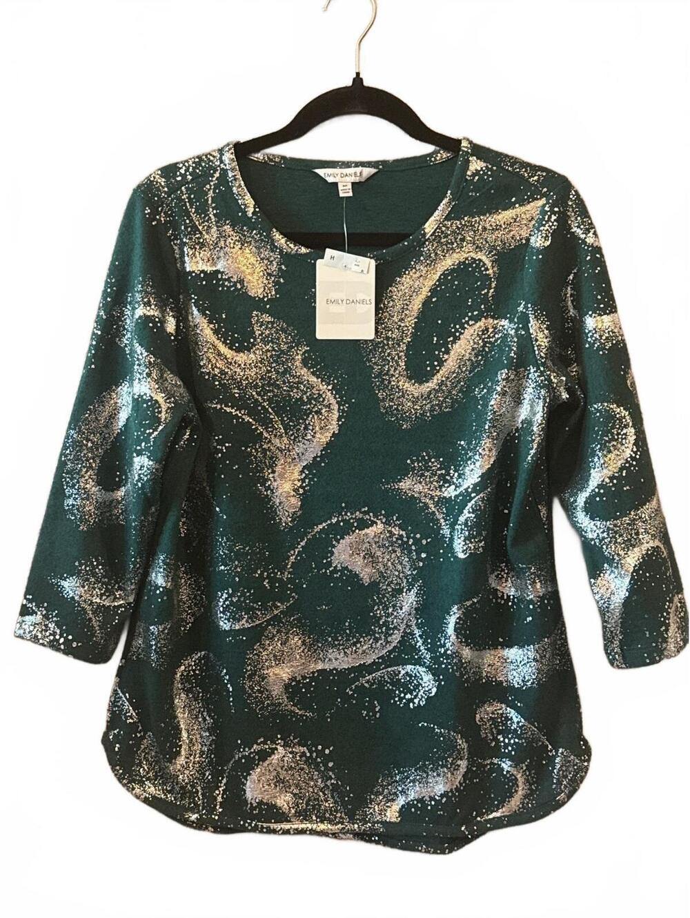 Emily Daniels Green and Silver Abstract Print 3/4 Sleeve Blouse Size M